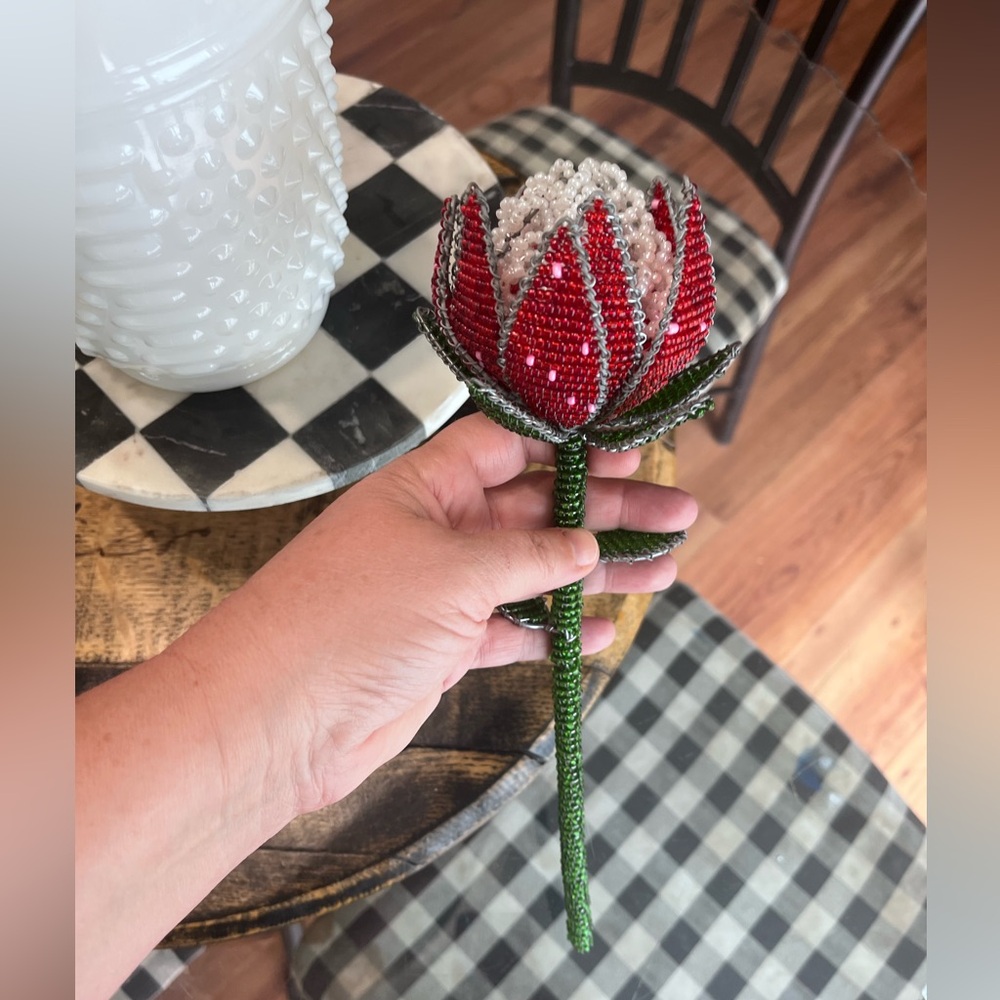 Handmade South African Beaded Flower-Artisan Red & White Protea, Lotus Bloom